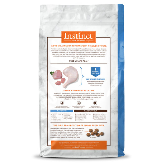 Instinct Limited Ingredient Diet Grain-Free Turkey Dry Cat Food bag with turkey illustration and kibble.