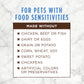 Brown box listing "Made Without" ingredients for pets with food sensitivities, on a marble background.