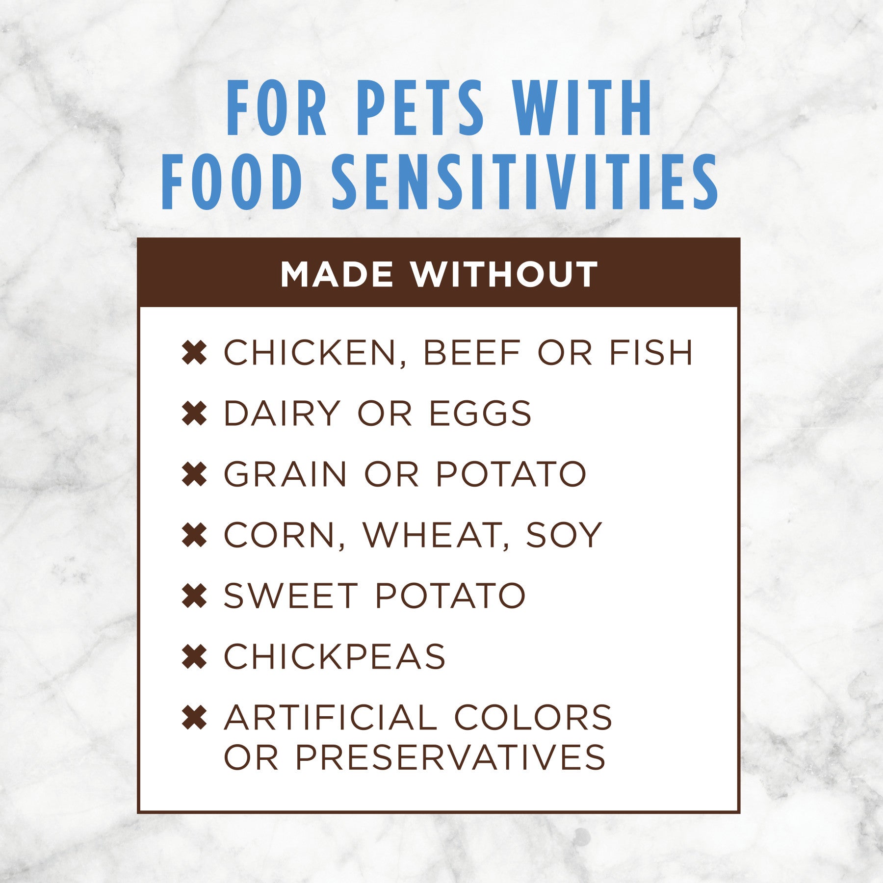 Brown box listing "Made Without" ingredients for pets with food sensitivities, on a marble background.
