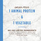 White marble background with blue text: "GRAIN-FREE 1 ANIMAL PROTEIN & 1 VEGETABLE" and "WE USE LIMITED INGREDIENTS".