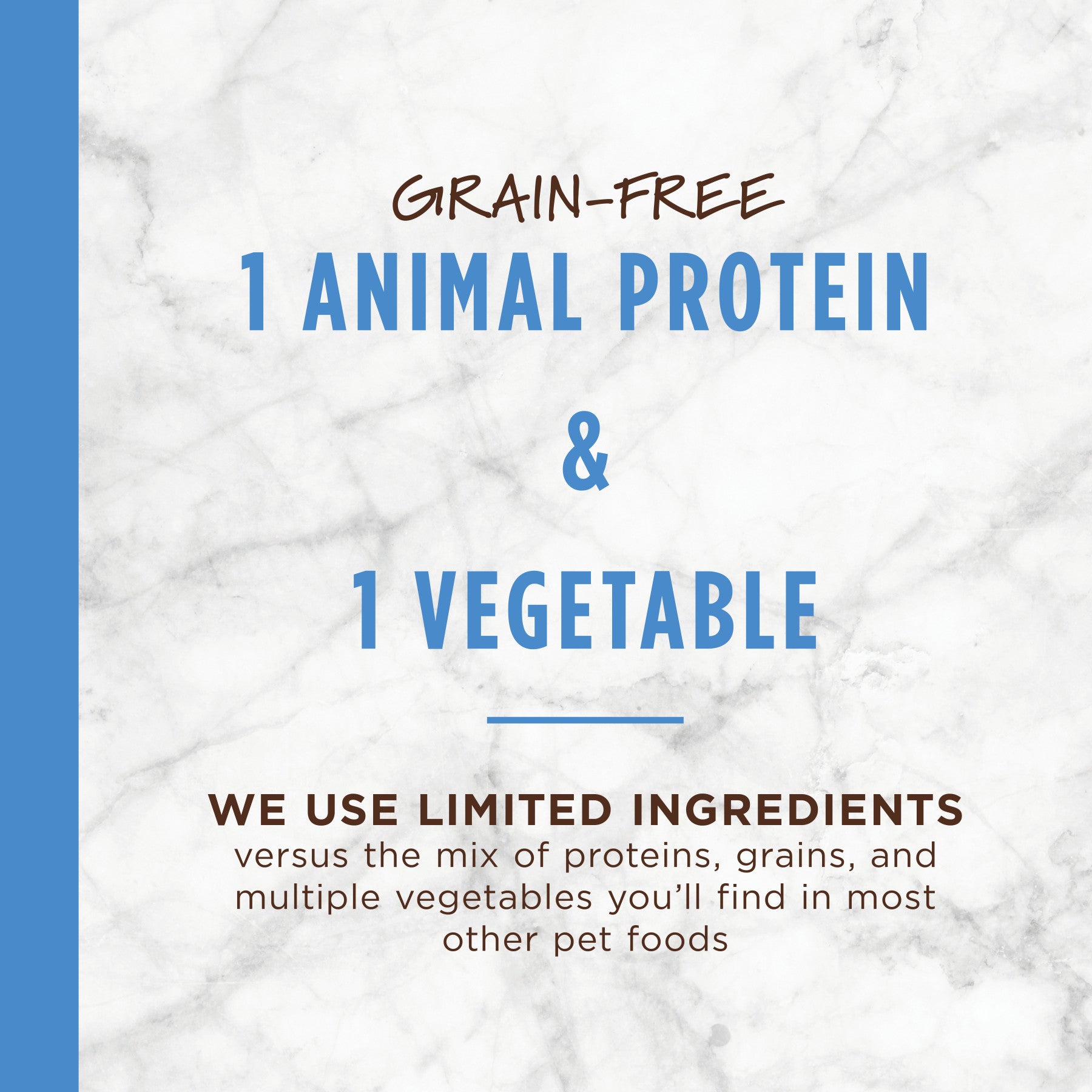 White marble background with blue text: "GRAIN-FREE 1 ANIMAL PROTEIN & 1 VEGETABLE" and "WE USE LIMITED INGREDIENTS".