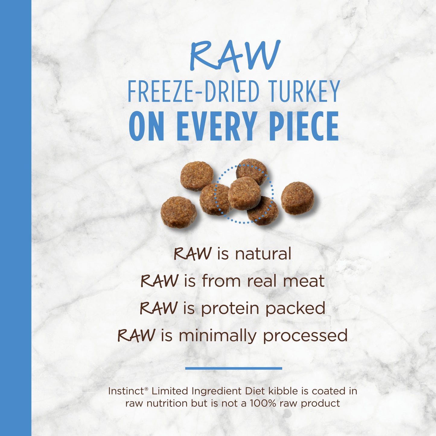 Brown, round kibble pieces with dotted lines indicating raw freeze-dried turkey coating on a marble background.