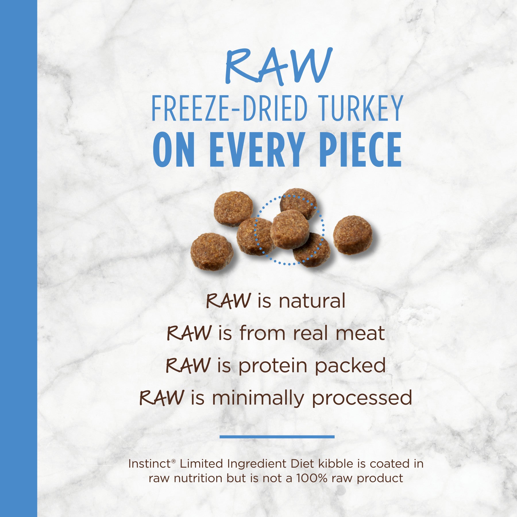 Brown, round kibble pieces with dotted lines indicating raw freeze-dried turkey coating on a marble background.