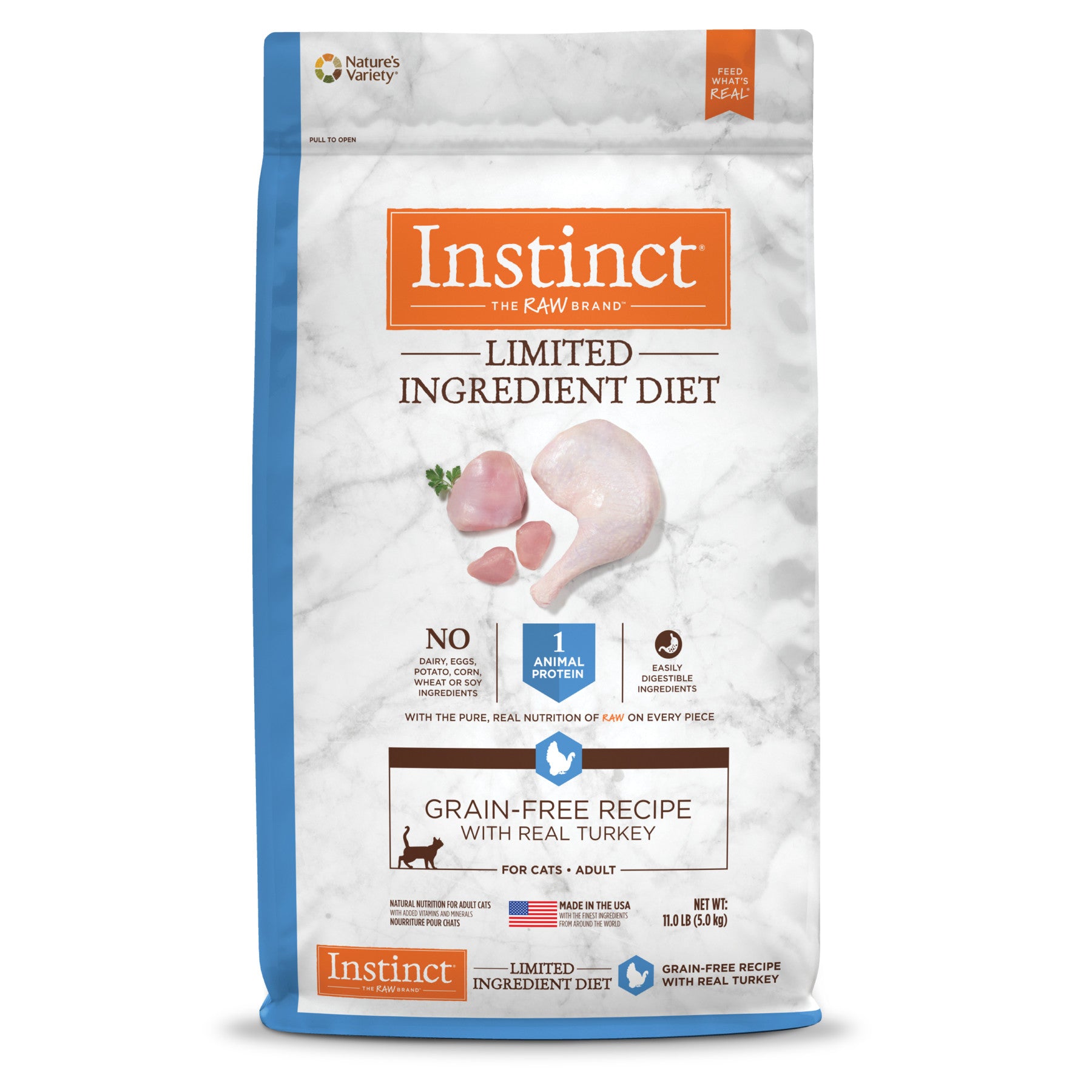 Instinct Limited Ingredient Diet Grain-Free Turkey Dry Cat Food, 11 lb bag with raw turkey imagery.