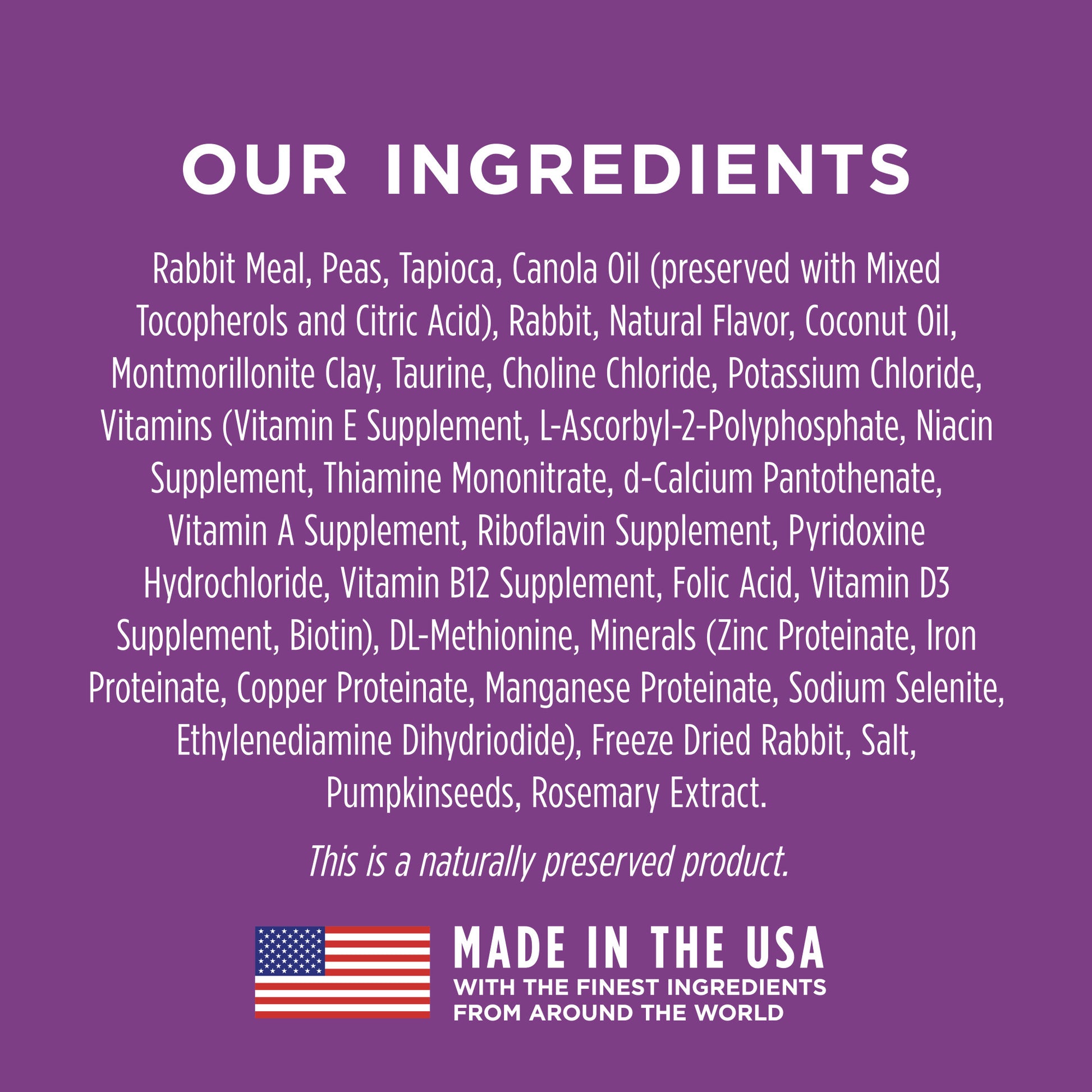 Instinct Limited Ingredient Diet Rabbit Grain-Free Adult Dry Cat Food ingredients list on a purple background.