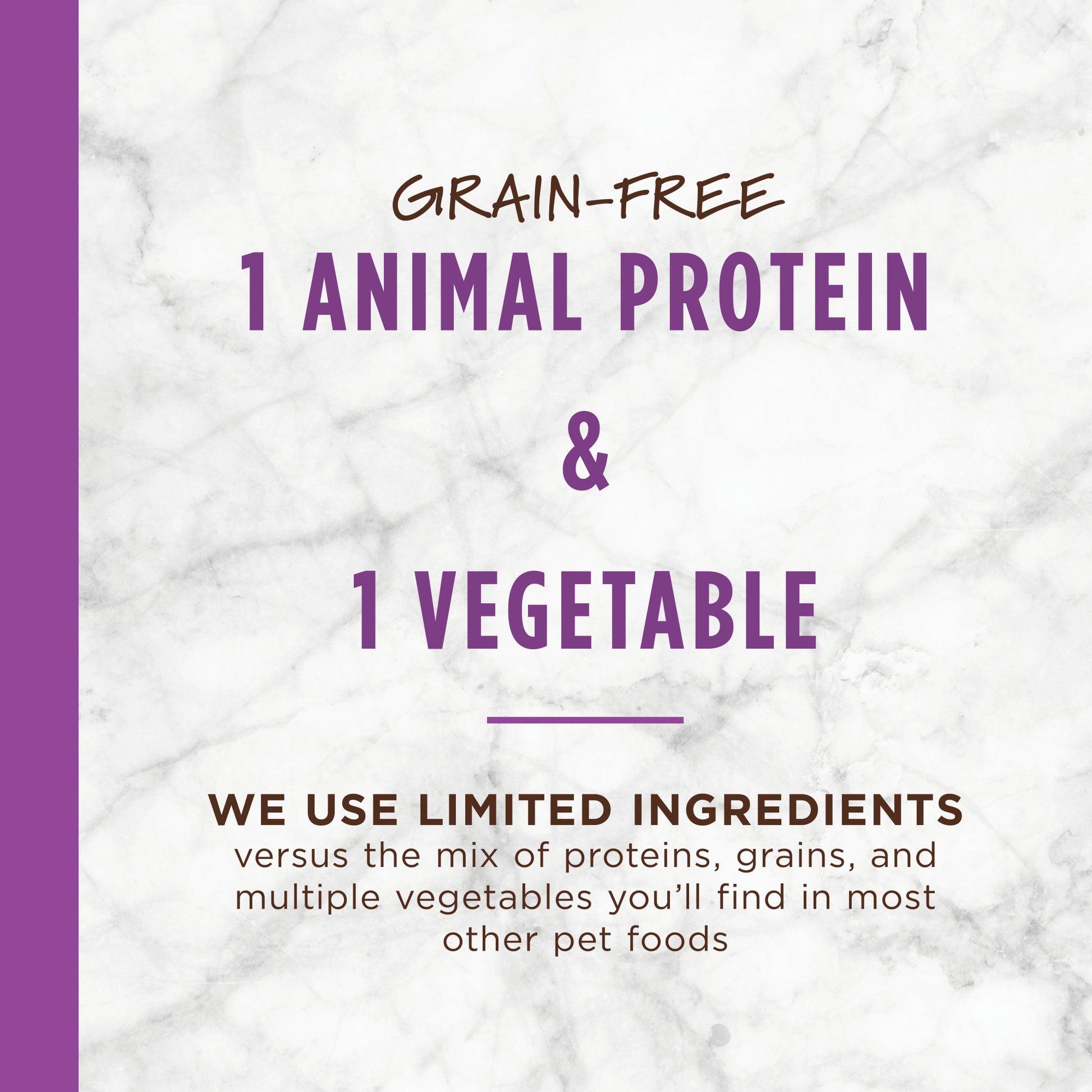 White marble background with purple text: "GRAIN-FREE 1 ANIMAL PROTEIN & 1 VEGETABLE" and "WE USE LIMITED INGREDIENTS".