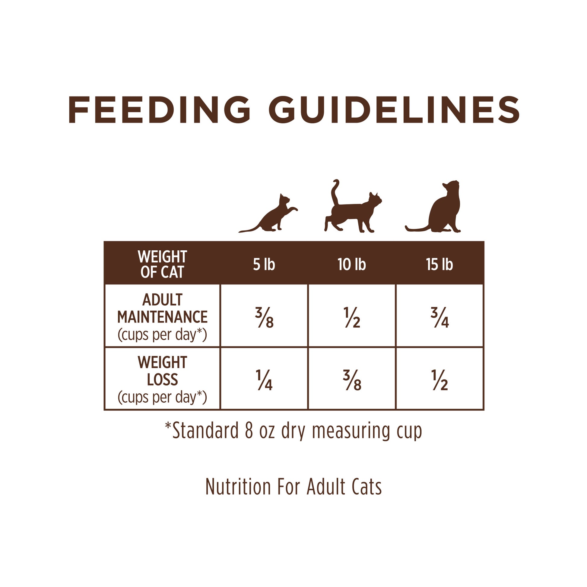 Feeding guidelines chart for adult cats, showing daily dry food portions for maintenance and weight loss.
