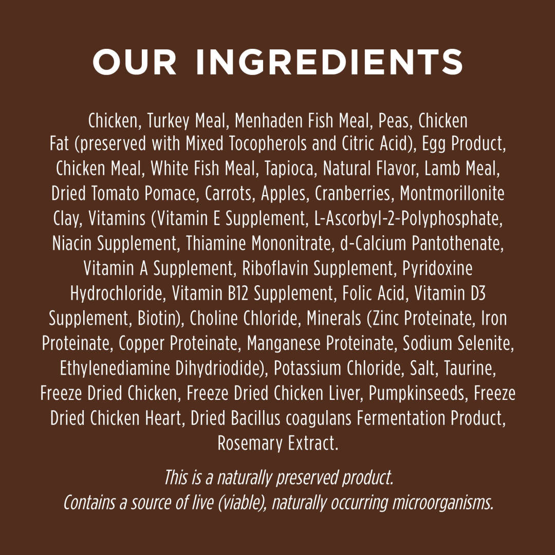 Detailed list of Instinct Original Kitten Grain-free Recipe ingredients on a dark background.