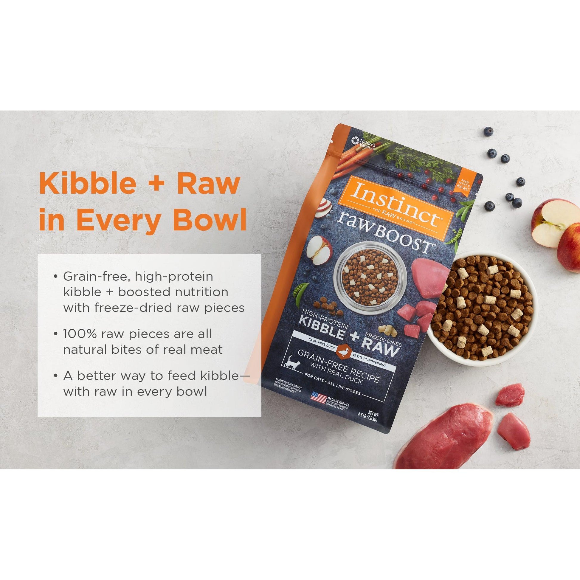 Instinct Raw Boost Grain-Free cat food bag with kibble, freeze-dried raw pieces, and fresh ingredients.