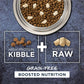 Instinct Raw Boost Grain-Free Chicken Dry Cat Food in a silver bowl, showing kibble and freeze-dried raw bites.