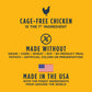 Yellow background with text: "Cage-Free Chicken is the 1st Ingredient," "Made Without" grains, and "Made in the USA.