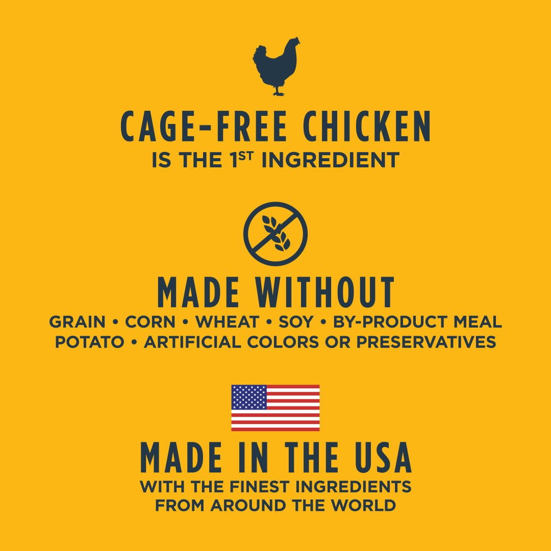 Yellow background with text: "Cage-Free Chicken is the 1st Ingredient," "Made Without" grains, and "Made in the USA.