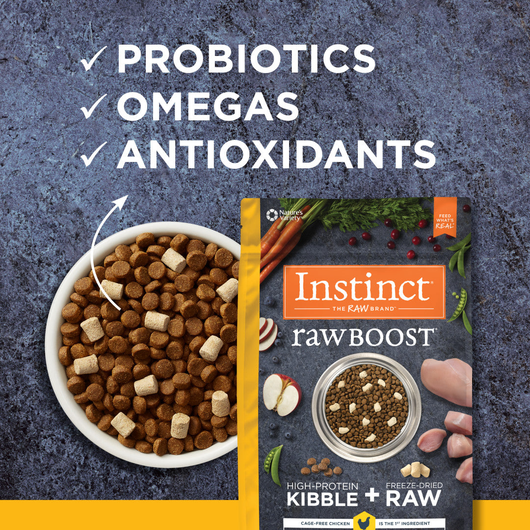 Instinct Raw Boost Grain-Free Chicken Dry Cat Food bag with kibble, freeze-dried raw bites, and ingredients.