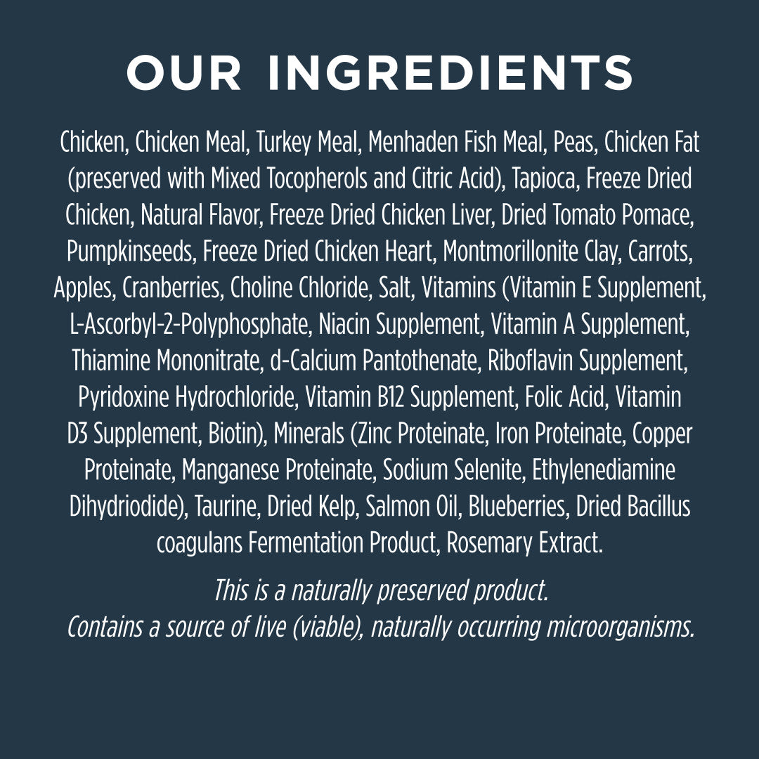Instinct Raw Boost cat food ingredients list on a dark blue background.