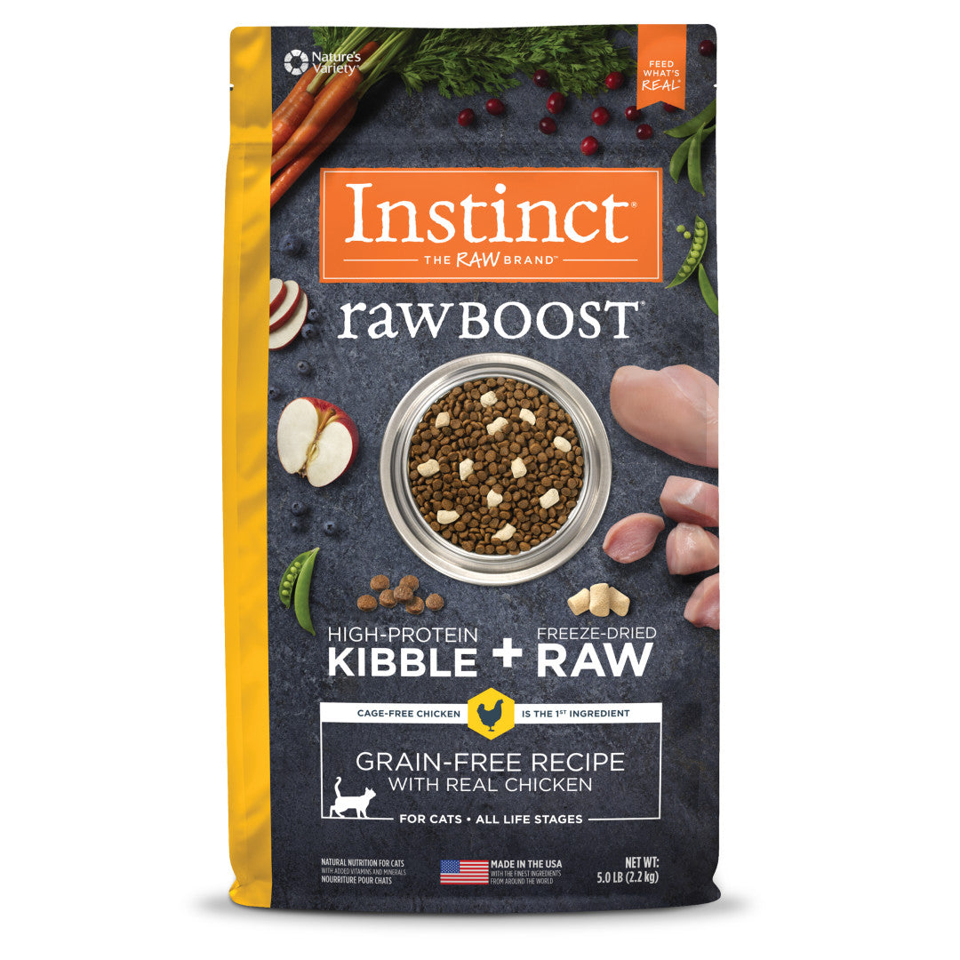 Instinct Raw Boost Grain-Free Chicken Dry Cat Food bag with kibble, raw chicken, and fresh ingredients.