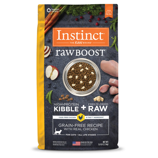 Instinct Raw Boost Grain-Free Chicken Dry Cat Food bag with kibble, raw chicken, and fresh ingredients.