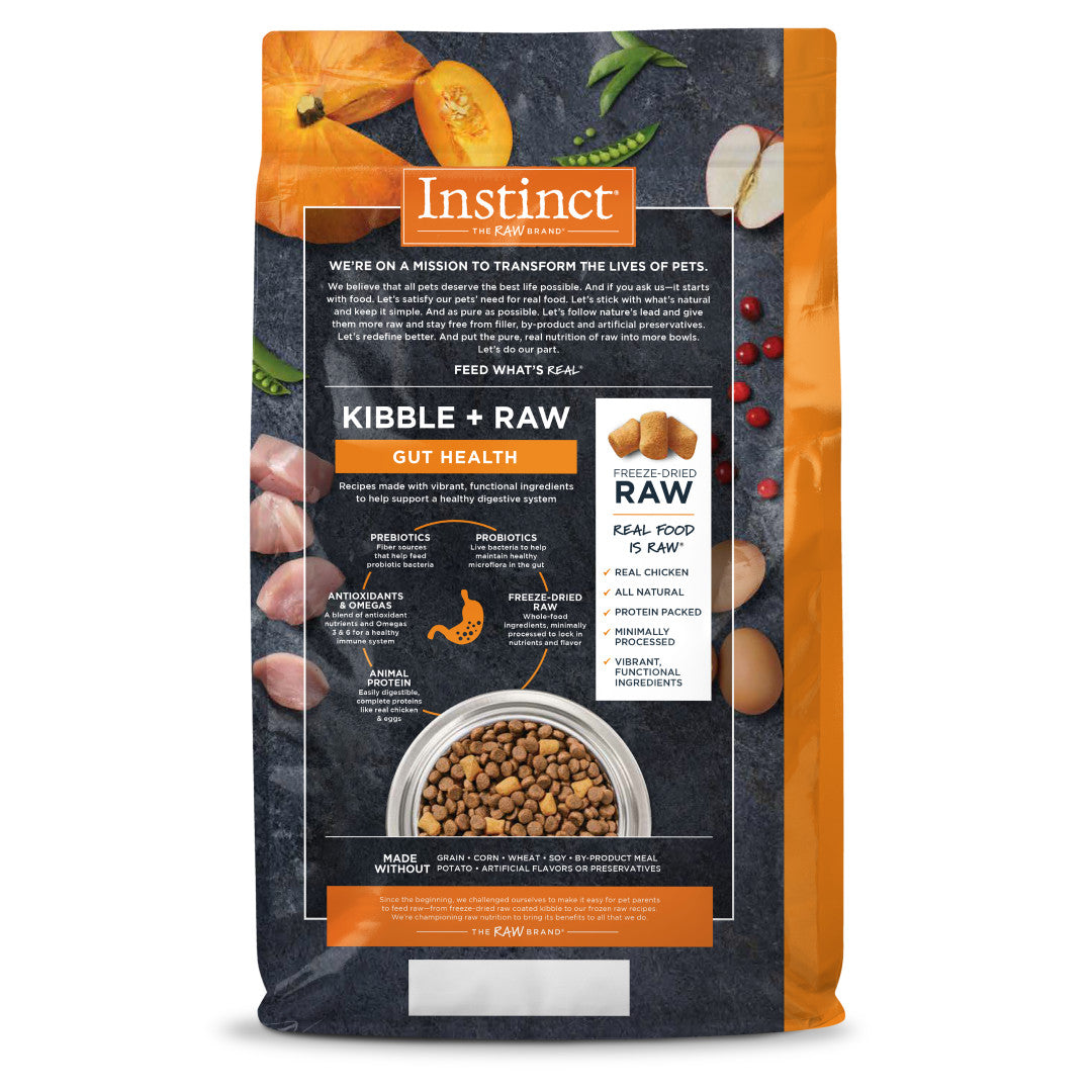 Instinct Raw Boost Gut Health dry dog food bag, 18lbs, with chicken kibble, raw bites, and ingredients.