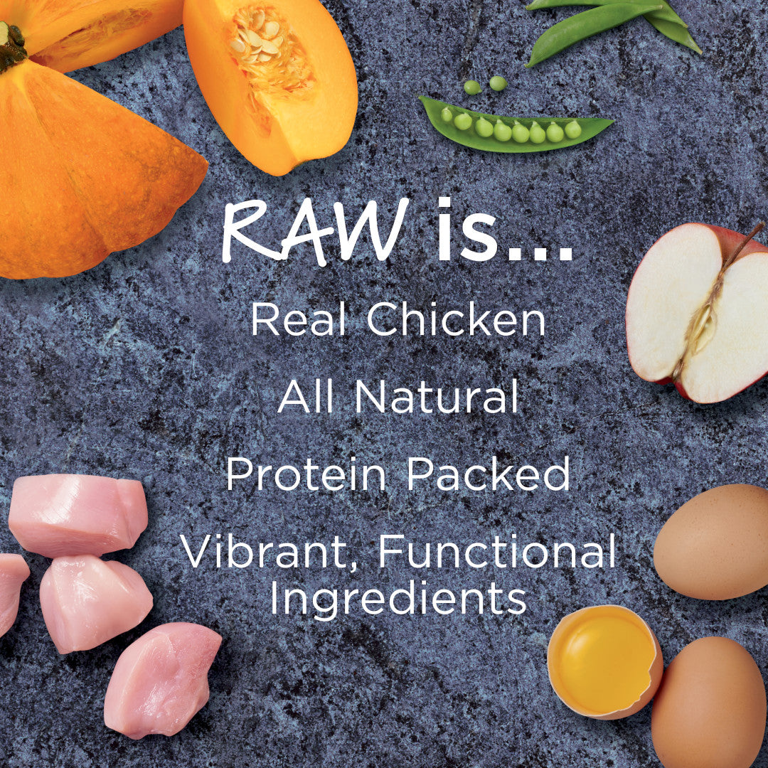 Raw chicken, pumpkin, peas, apple, and eggs on a dark background with "RAW is..." text.