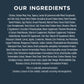 A dark blue background with "OUR INGREDIENTS" in white text above a list of dog food ingredients.