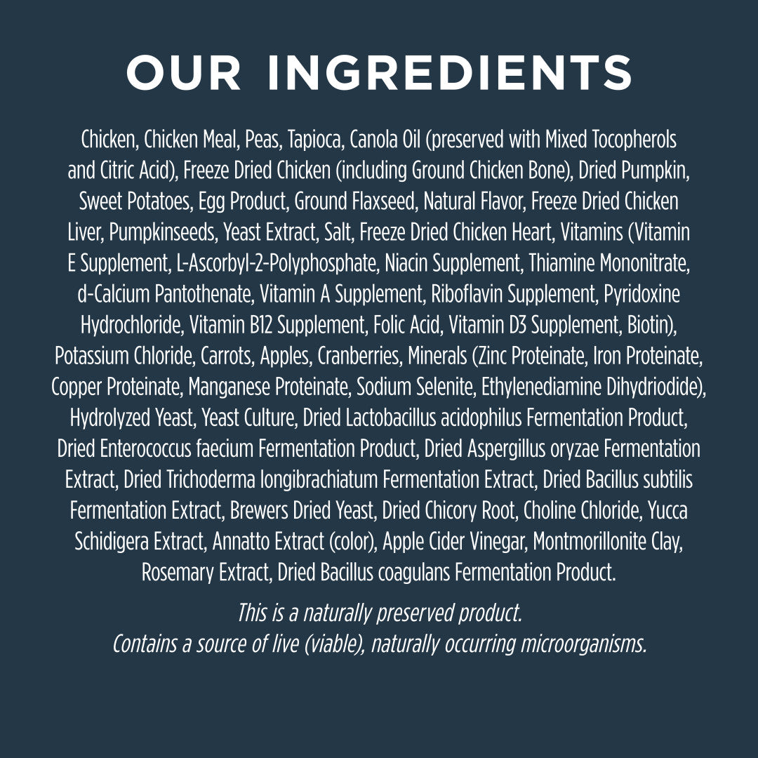 A dark blue background with "OUR INGREDIENTS" in white text above a list of dog food ingredients.