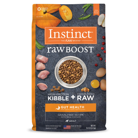 Instinct Raw Boost Gut Health dry dog food, 18lb bag, with chicken, kibble, and raw ingredients.