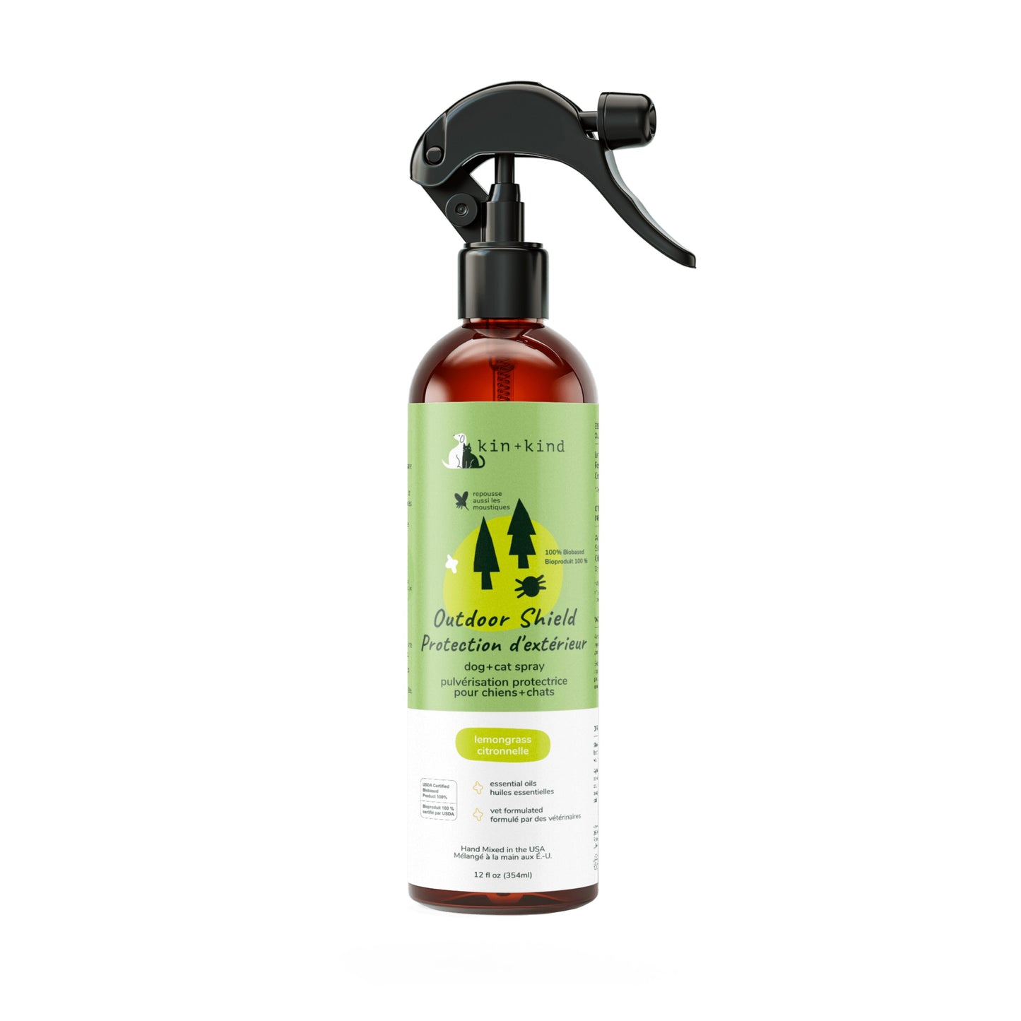 Amber bottle of Kin+Kind Outdoor Shield Flea & Tick Protect Spray with black trigger top and green label.