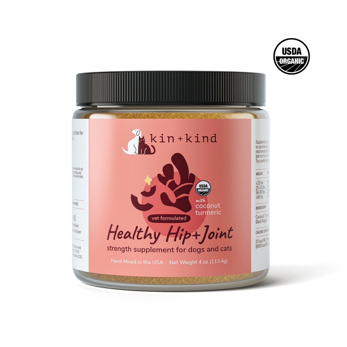 Kin+Kind Healthy Hip+Joint supplement in a clear jar with a black lid, featuring a peach label with turmeric and coconut graphics.