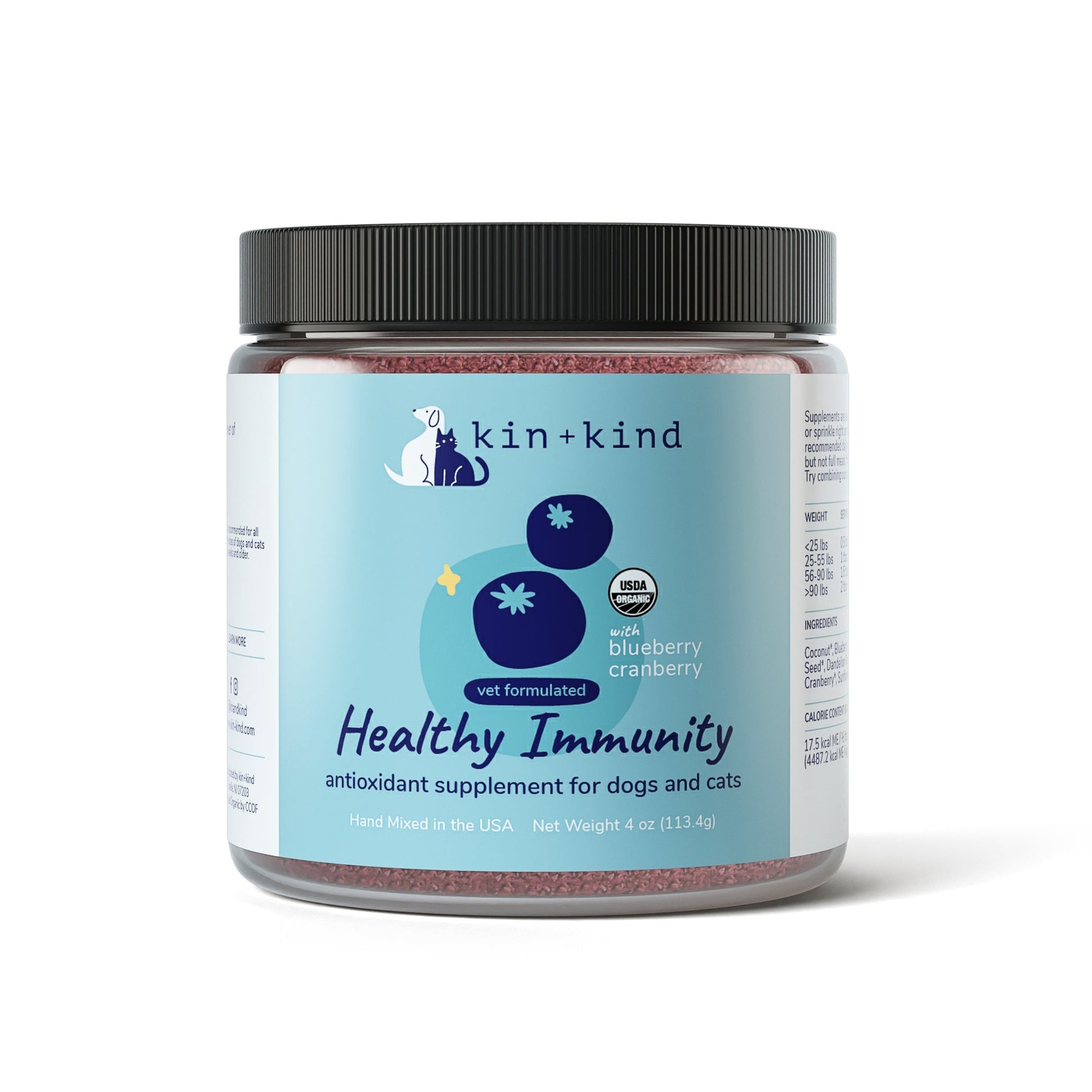 Kin+Kind Healthy Immunity supplement jar with a black lid, light blue label featuring blueberries and text.