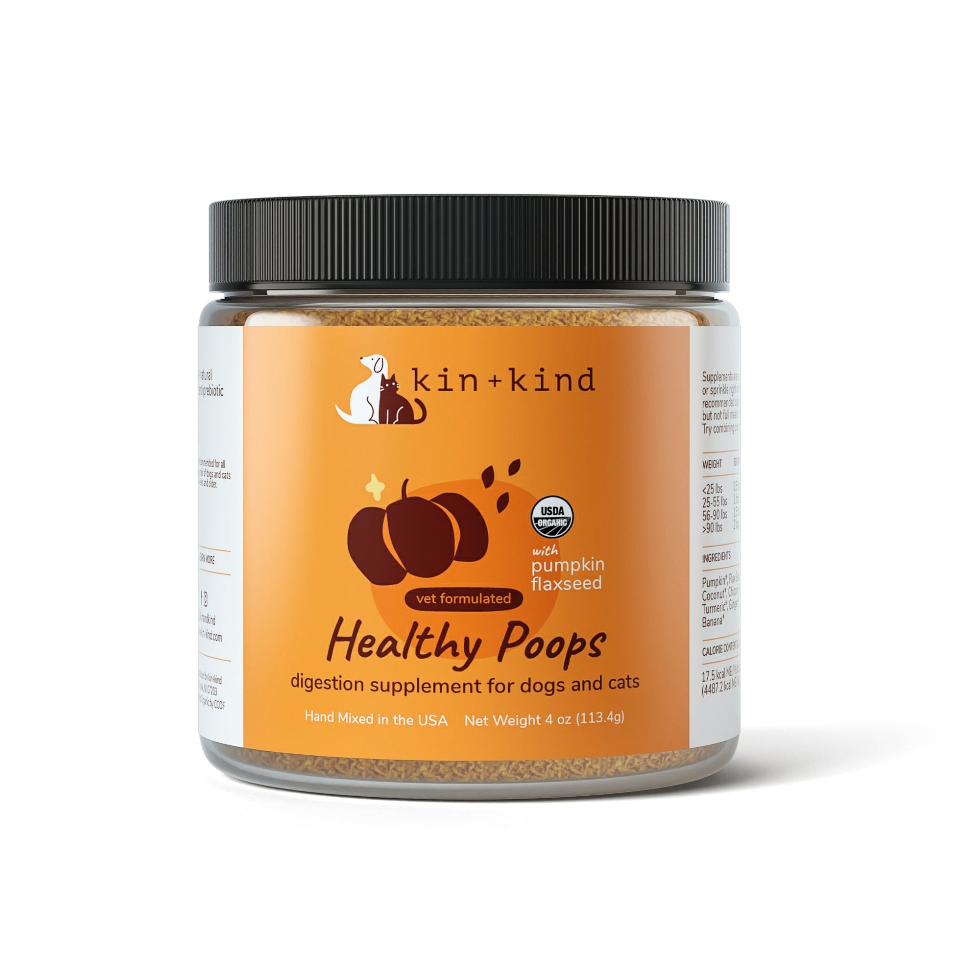 Kin+Kind Healthy Poops digestion supplement for pets, 4 oz jar with orange label, pumpkin, and flaxseed.