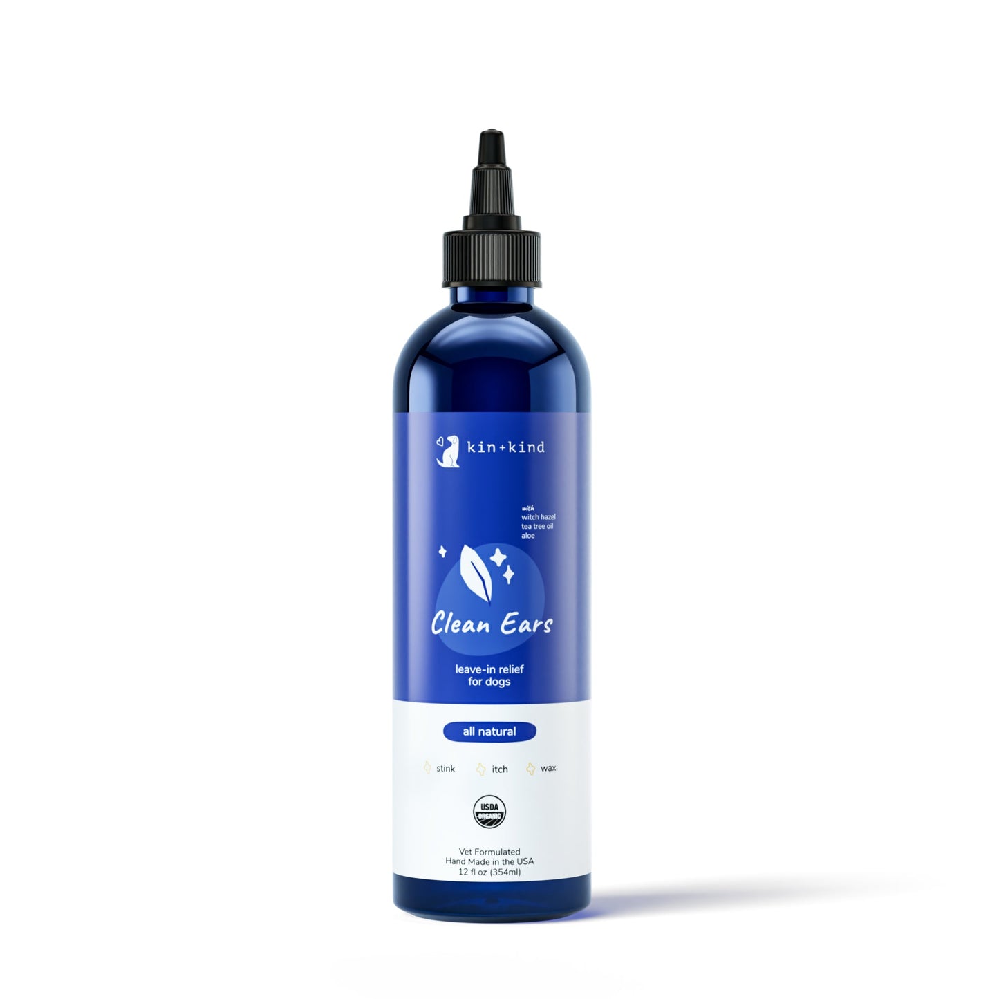 Kin+Kind Organic Clean Ears for dogs in a dark blue bottle with a black applicator tip.