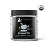 Kin+Kind Raw Coconut Oil in an 8 fl oz clear jar with a black lid, featuring a white label.