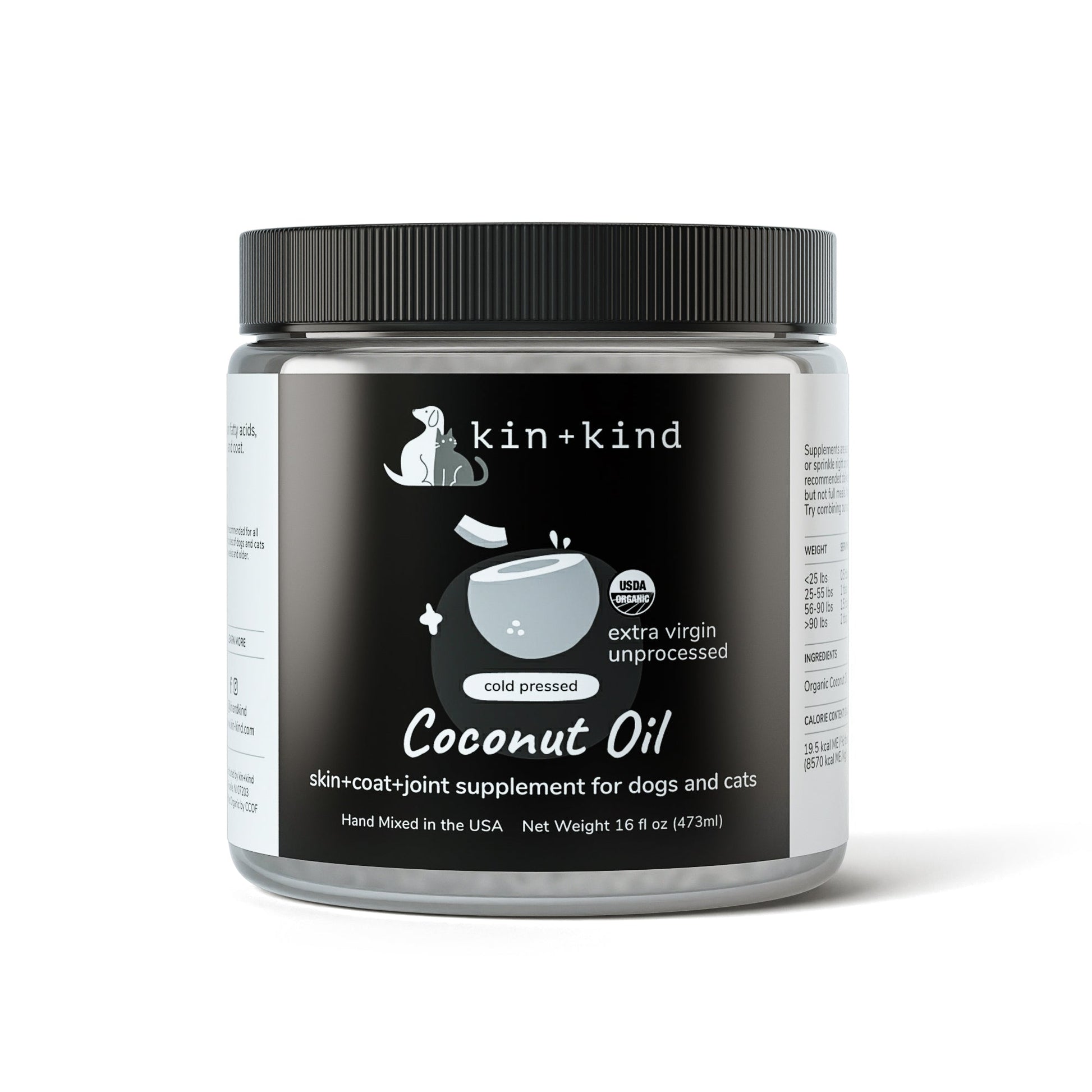 Kin+Kind Raw Coconut Oil, 16 oz jar, with black label featuring a dog, cat, and coconut graphic.