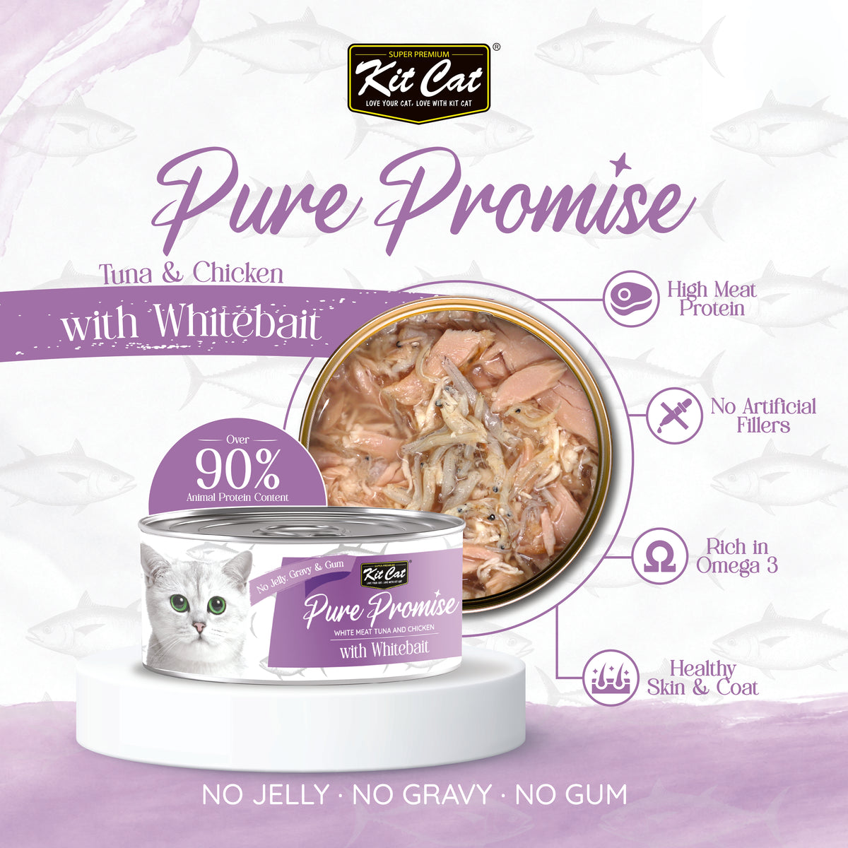 Kit Cat Pure Promise Natural Slow-cooked Wet Cat Food - Tuna & Whitebait 80g - Box Of 12