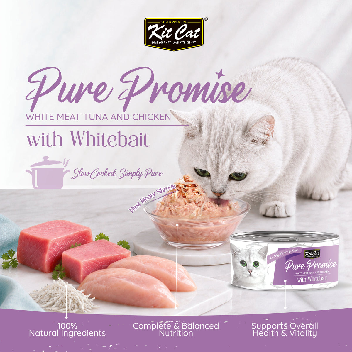 Kit Cat Pure Promise Natural Slow-cooked Wet Cat Food - Tuna & Whitebait 80g - Box Of 12