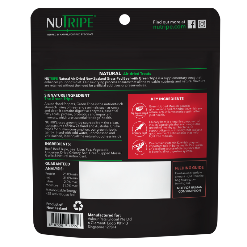 Nutripe Natural Air-Dried New Zealand Grass-Fed Beef with Green Tripe Dog Treats 100g