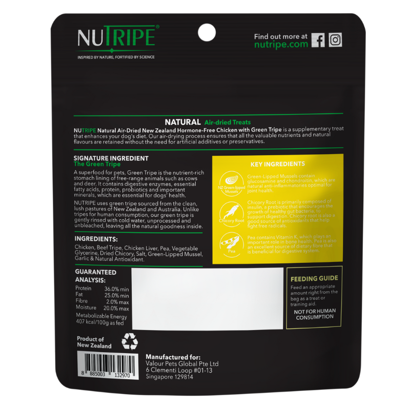 Nutripe Natural Air-Dried New Zealand Hormone-Free Chicken with Green Tripe Dog Treats 100g