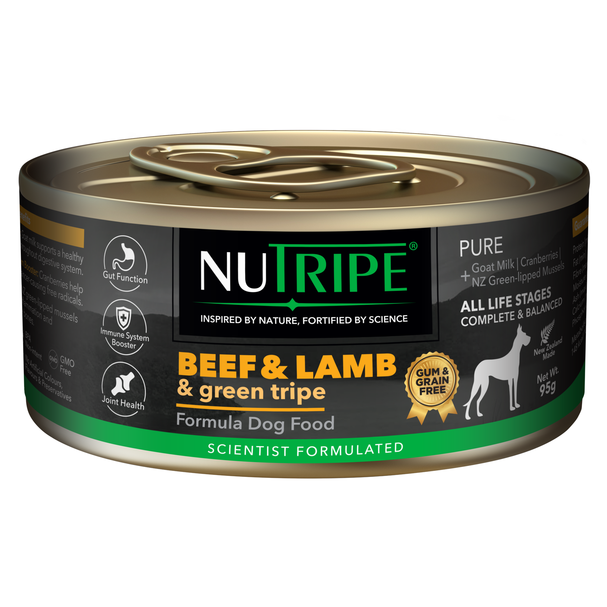 Nutripe Pure Beef & Lamb & Green Tripe Dog Food can, black label, gold accents, 95g.