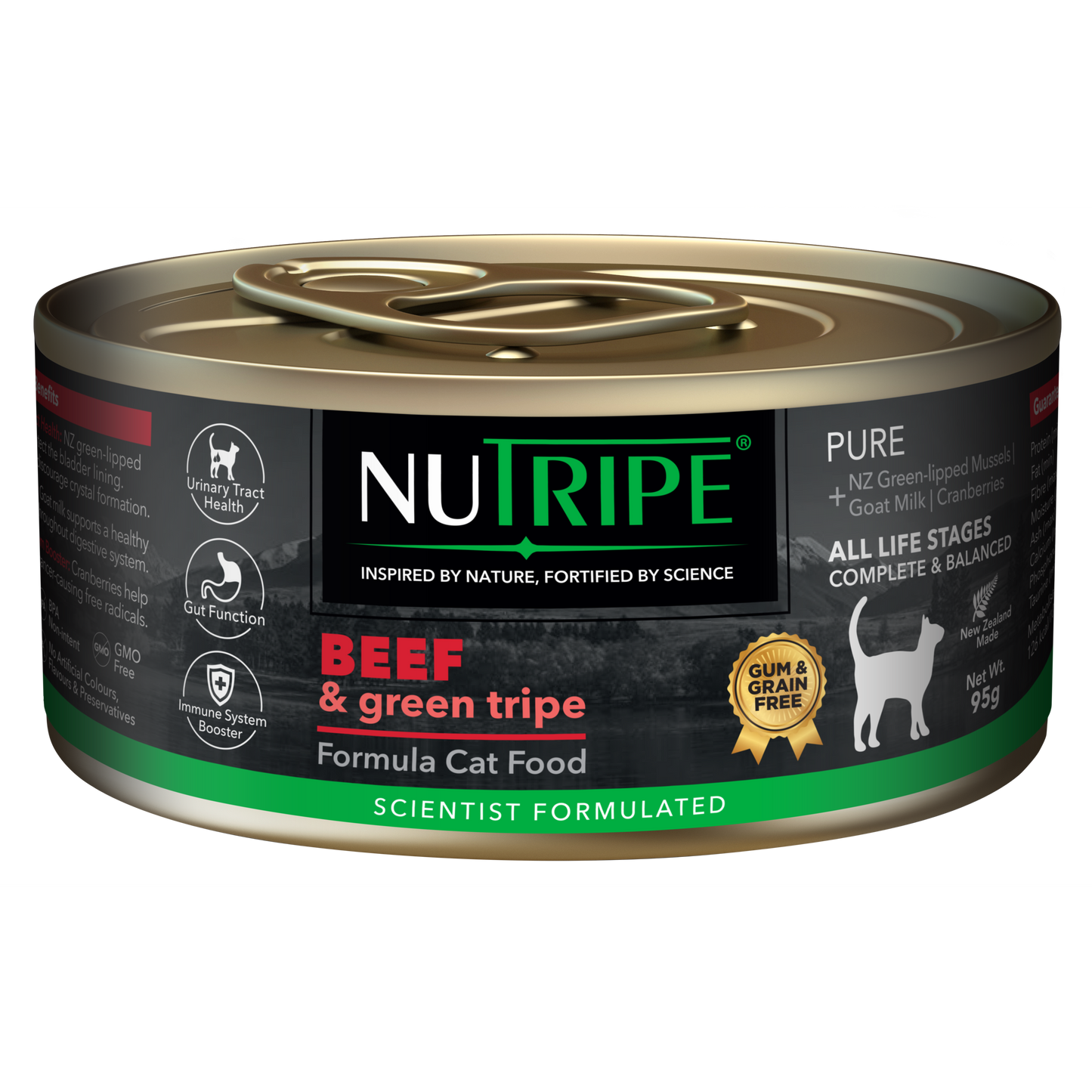 Nutripe Pure Beef & Green Tripe Gum & Grain Free Cat Food, 95g can with black label.