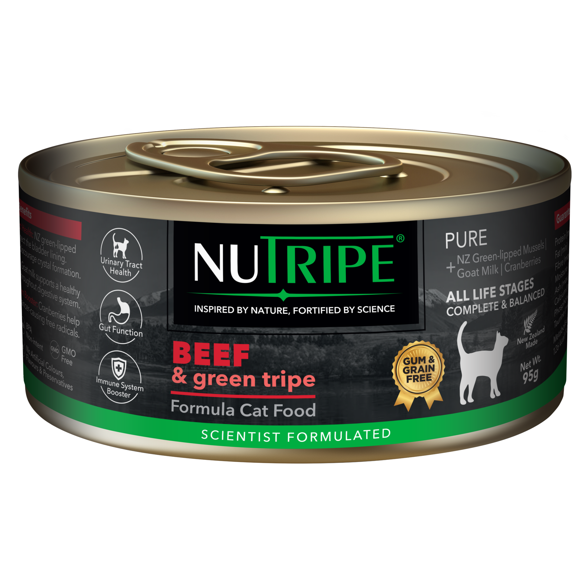 Nutripe Pure Beef & Green Tripe Gum & Grain Free Cat Food, 95g can with black label.