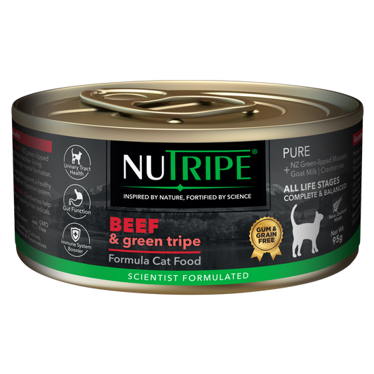 Nutripe Pure Beef & Green Tripe Gum & Grain Free Cat Food, 95g can with black label.