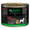 Nutripe Pure Beef & Green Tripe dog food can, black label with green accents, gold lid, 185g.