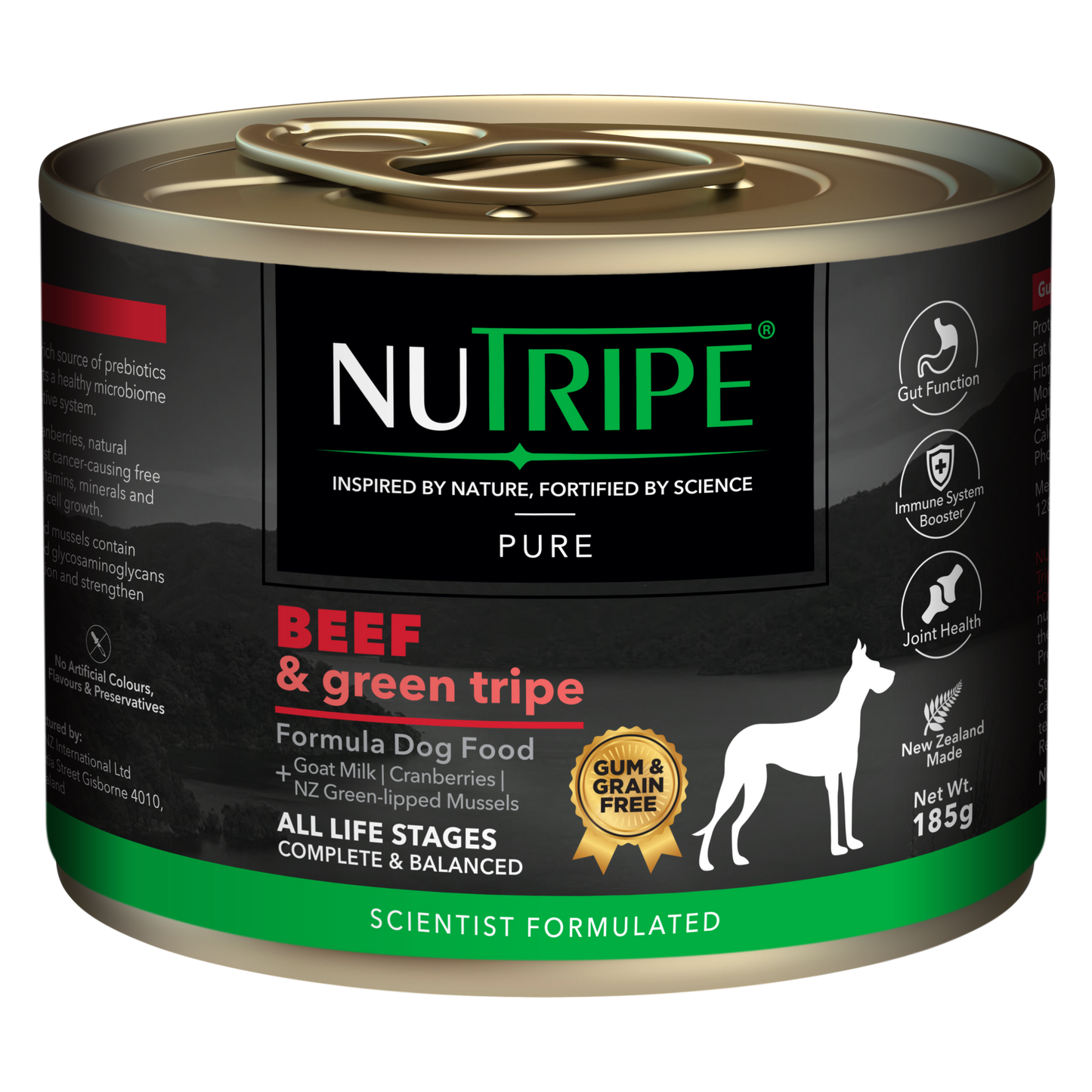 Nutripe Pure Beef & Green Tripe dog food can, black label with green accents, gold lid, 185g.