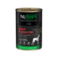 Nutripe Pure Beef & Green Tripe Dog Food can, black and green label with white dog silhouette.