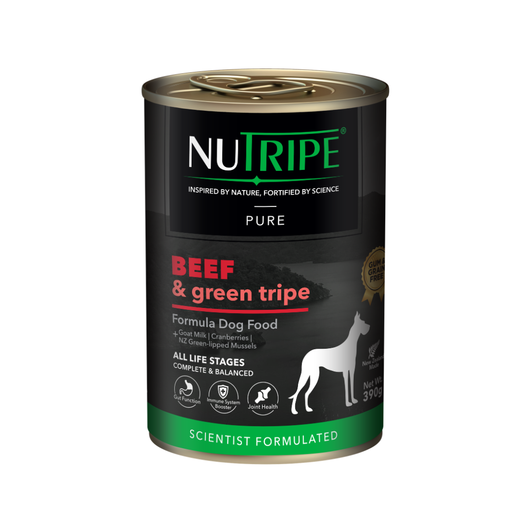 Nutripe Pure Beef & Green Tripe Dog Food can, black and green label with white dog silhouette.