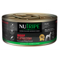 Nutripe Pure Beef & Green Tripe gum-free dog food in a black and gold 95g can.