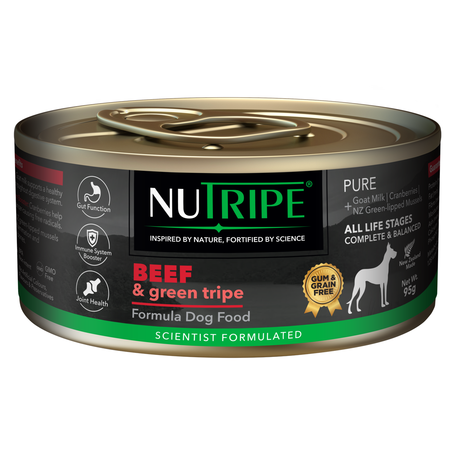 Nutripe Pure Beef & Green Tripe gum-free dog food in a black and gold 95g can.