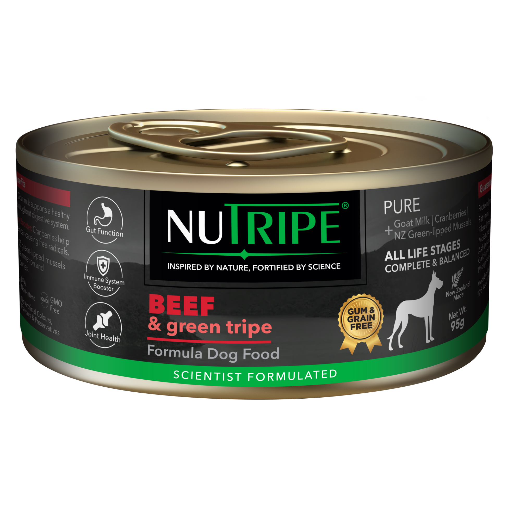 Nutripe Pure Beef & Green Tripe gum-free dog food in a black and gold 95g can.