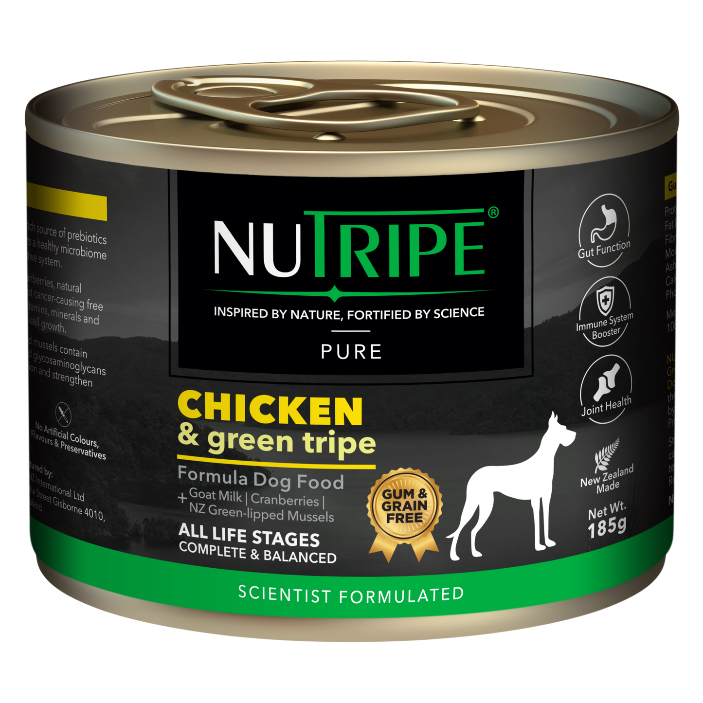 Nutripe Pure Chicken & Green Tripe 185g dog food can with black label, green trim, and gold seal.