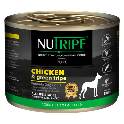 Nutripe Pure Chicken & Green Tripe 185g dog food can with black label, green trim, and gold seal.