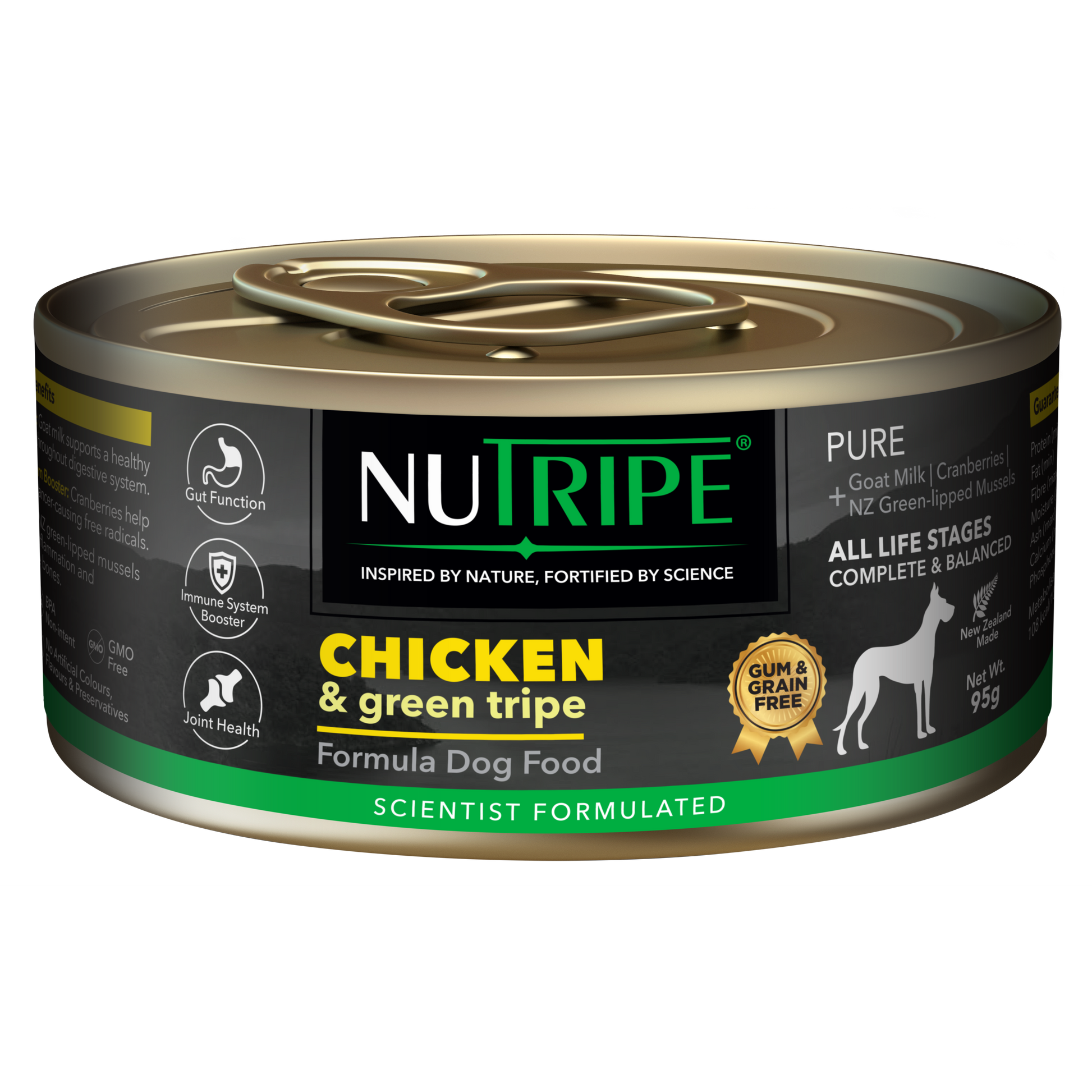 Nutripe Pure Chicken & Green Tripe Dog Food, 95g can with black and green label.
